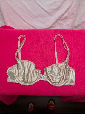 Vtg Sears Champagne Gold Satin Point dEsprit Unlined Underwire Bra 34B Y2K